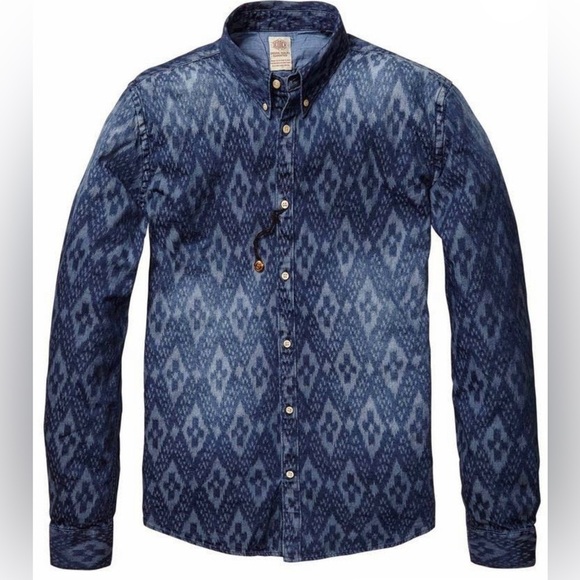 SCOTCH & SODA Men Blue Patterned Denim Button Long Sleeve Top Size M - Picture 1 of 7